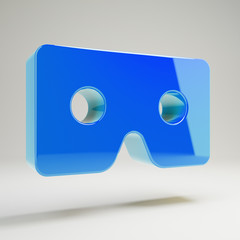 Volumetric glossy blue VR cardboard icon isolated on white background.