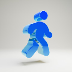 Volumetric glossy blue walking icon isolated on white background.
