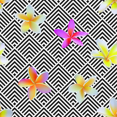 Seamless art deco square chevrons and tropical flowers pattern vector