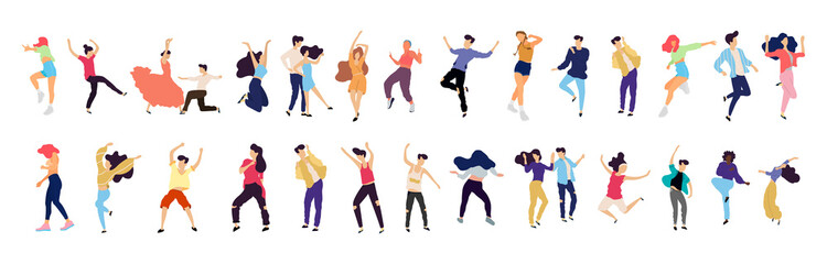 Crowd of young people dancing at club. Big set of characters having fun at party. Flat colorful vector illustration. - Vector