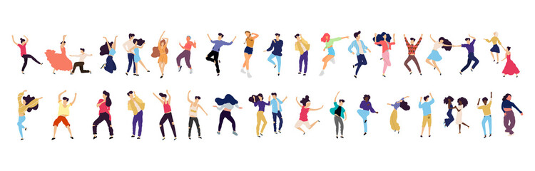 Crowd of young people dancing at club. Big set of characters having fun at party. Flat colorful vector illustration. - Vector