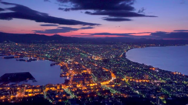 High angle view of Hakodate city illuminated at dawn, Japan