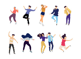 Crowd of young people dancing at club. Big set of characters having fun at party. Flat colorful vector illustration. - Vector