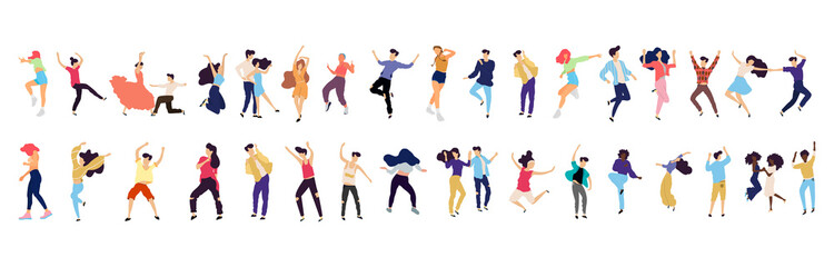 Crowd of young people dancing at club. Big set of characters having fun at party. Flat colorful vector illustration. - Vector
