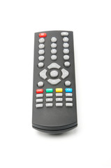 Remote control for digital TV tuners, music players, and disk drives on a white background