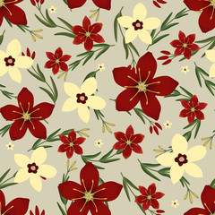 Floral vector artwork for apparel and fashion fabrics, Red cyrtanthus elatus flowers wreath ivy style with branch and leaves. Seamless patterns background.