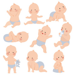 Cute baby or toddler boy in various poses for example standing, crying, sitting, crawling, crying and playing isolated on white background. vector illustration