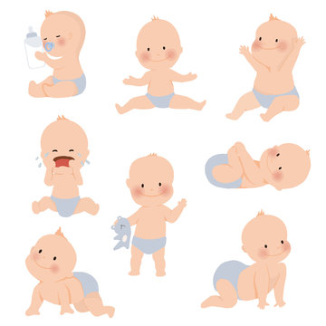 Cute baby or toddler boy in various poses for example standing, crying, sitting, crawling, crying and playing isolated on white background. vector illustration