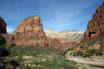 Angels Landing and Virgin River under unusual autumn cloudscape in Zion National Park, Utah.