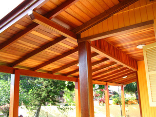 External roof lining with wood finish.