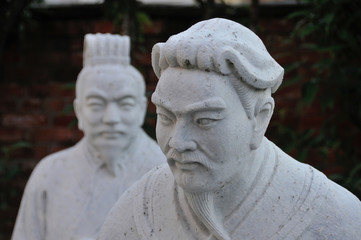 The life-size stone statues of two Chinese sages on display at the Nagasaki Confucian Shrine, in Nagasaki, southern Japan.
