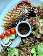 Saba grilled soy sauce (Saba Shoyu yaki) and vegetables salad on the white dish, Ready to served....