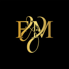 Initial letter F & M FM luxury art vector mark logo, gold color on black background.