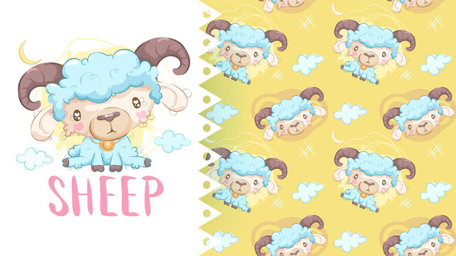 Cute drawing of sheep with pattern background