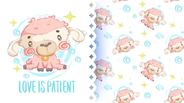 Cute drawing of short hair sheep with pattern background