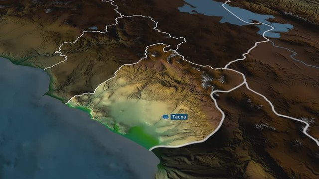 Tacna - region of Peru with its capital zoomed on the physical map of the globe. Animation 3D