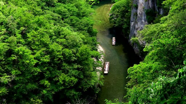 View of boats on river, Ichinoseki, Iwate, Japan