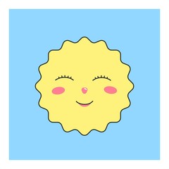 Cute yellow sun character isolated on pastel blue background. Cute sun character for design of childrens wallpapers, prints, patterns, fabrics, clothes.