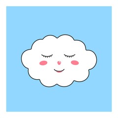 Cute fluffy cloud. Heavenly character for the design of childrens wallpaper, clothes, pattern, fabric, print. Vector character isolated on pastel blue background.