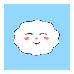 Cute fluffy cloud. Heavenly character for the design of childrens wallpaper, clothes, fabric. Vector character isolated on blue background.