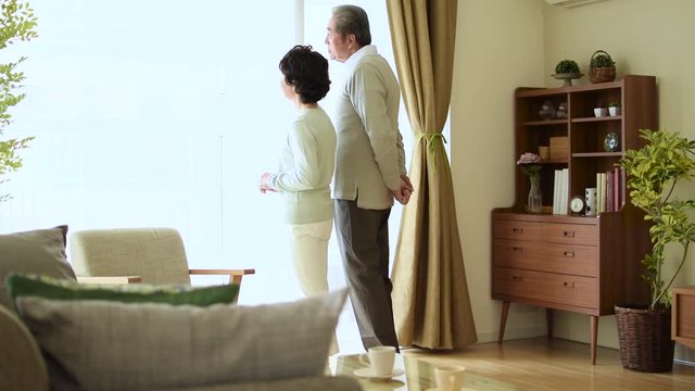 Senior couple looking through window at home