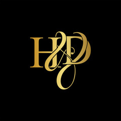 Initial letter H & D HD luxury art vector mark logo, gold color on black background.