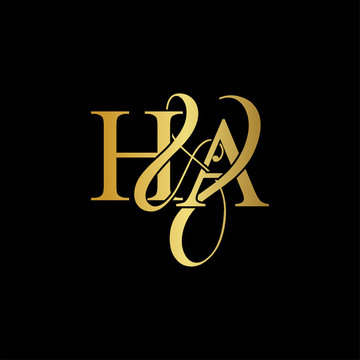 Initial letter H & A HA luxury art vector mark logo, gold color on black background.