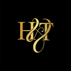 Initial letter H & T HT luxury art vector mark logo, gold color on black background.