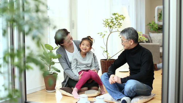 Grandparents with granddaughter looking through window at home