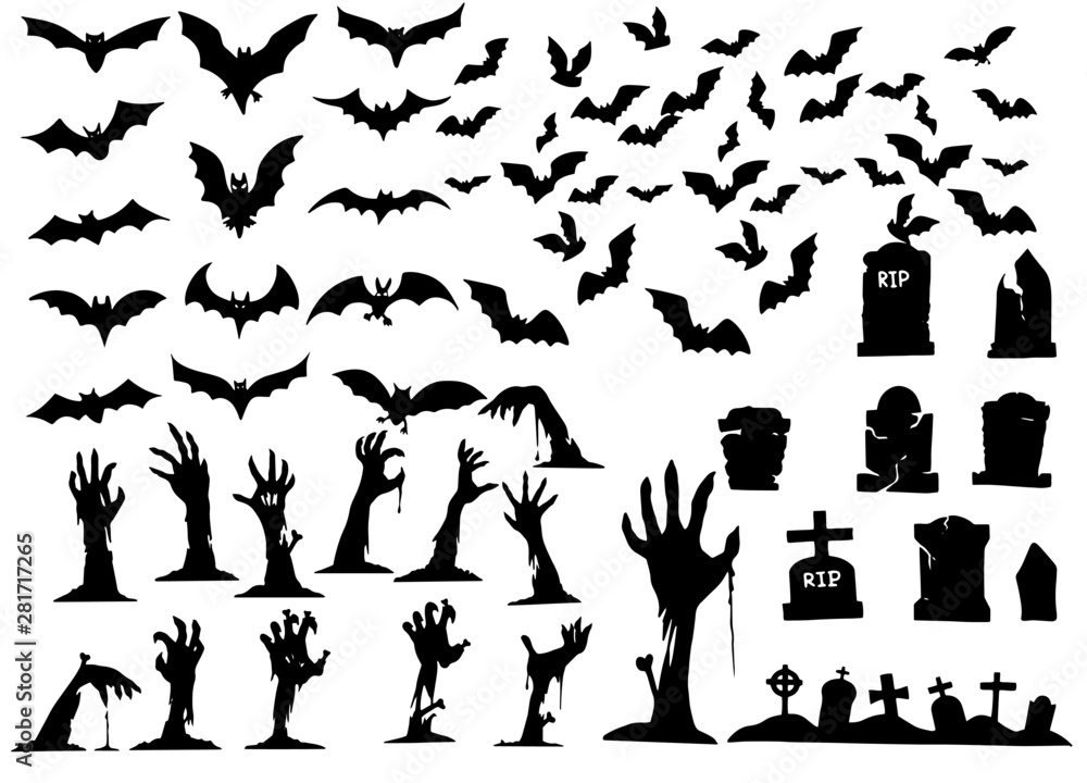 Wall mural collection of halloween silhouettes icon , elements for halloween decorations, silhouettes, sketch, 