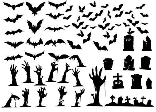 Collection of halloween silhouettes icon ,  elements for halloween decorations, silhouettes, sketch, icon, sticker. Hand drawn vector illustration