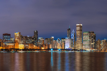 Fototapeta na wymiar Chicago Cityscape river side along Lake Michigan at beautiful twilight time, Illinois, United States, Business Architecture and building with tourist concept