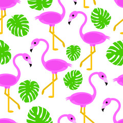 Seamless flamingo and monstera leaves on white background tropical pattern vector