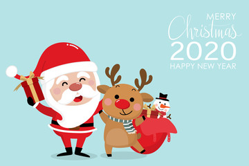 Merry Christmas and happy new year 2020 greeting card with cute Santa Claus and deer. Holiday cartoon character in winter season. -Vector.