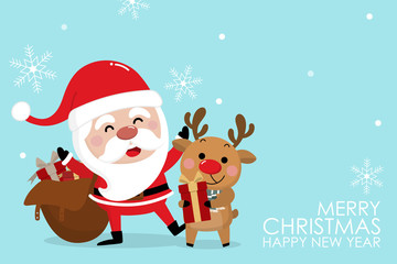 Merry Christmas and happy new year 2020 greeting card with cute Santa Claus and deer. Holiday cartoon character in winter season. -Vector.