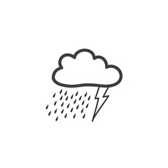 Rain with thunderstorms and lightning. A symbol of the weather. Vector drawing by hand in the style of a doodle.