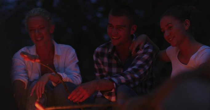 A group of happy young friends relaxing and enjoying summer evening around campfire on the river bank