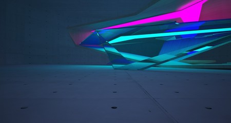 Abstract architectural concrete and wood interior of a minimalist house with color gradient neon lighting. 3D illustration and rendering.