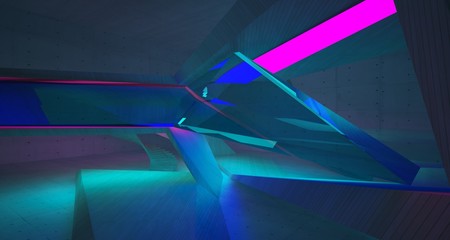 Fototapeta premium Abstract architectural concrete and wood interior of a minimalist house with color gradient neon lighting. 3D illustration and rendering.