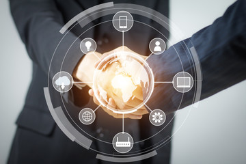 IOT. Internet of Thing concept. Handshake. Businessmen making handshake. Abstract of Business handshake. Polygonal mesh art. effect of technological innovation,