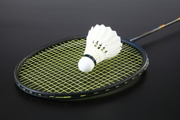 badminton racket and shuttlecock on strings