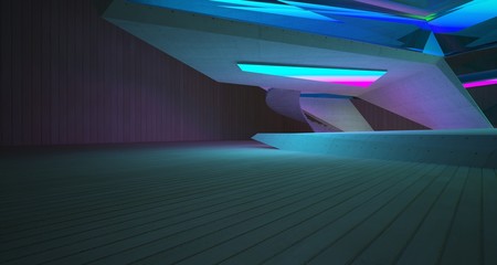 Abstract architectural concrete and wood interior of a minimalist house with color gradient neon lighting. 3D illustration and rendering.
