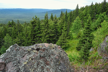 Beautiful summer forest landscape. Design  template for travel backdrop design. concept of travel freedom, adventure, wild nature. picturesque view of stone on Alpine meadows. selective focus © Ju_see