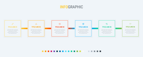 Vector infographics timeline design template with rectangular elements. Content, schedule, timeline, diagram, workflow, business, infographic, flowchart. 6 steps infographic.