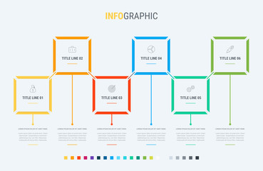 Timeline infographic design vector. 6 oprions, rectangular workflow layout. Vector infographic timeline template.