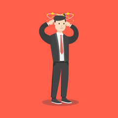 Businessman with flying stars around his head. Flat cartoon style. Vector illustration.