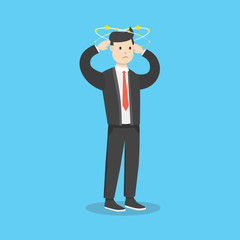 Businessman with flying stars around his head. Flat cartoon style. Vector illustration.