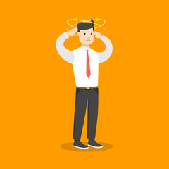 Businessman with flying stars around his head. Flat cartoon style. Vector illustration.