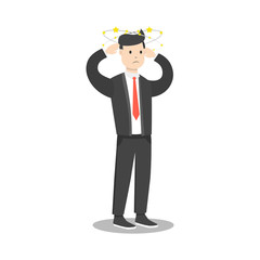 Businessman with flying stars around his head. Flat cartoon style. Vector illustration.