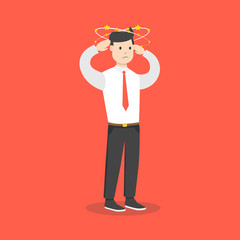 Businessman with flying stars around his head. Flat cartoon style. Vector illustration.
